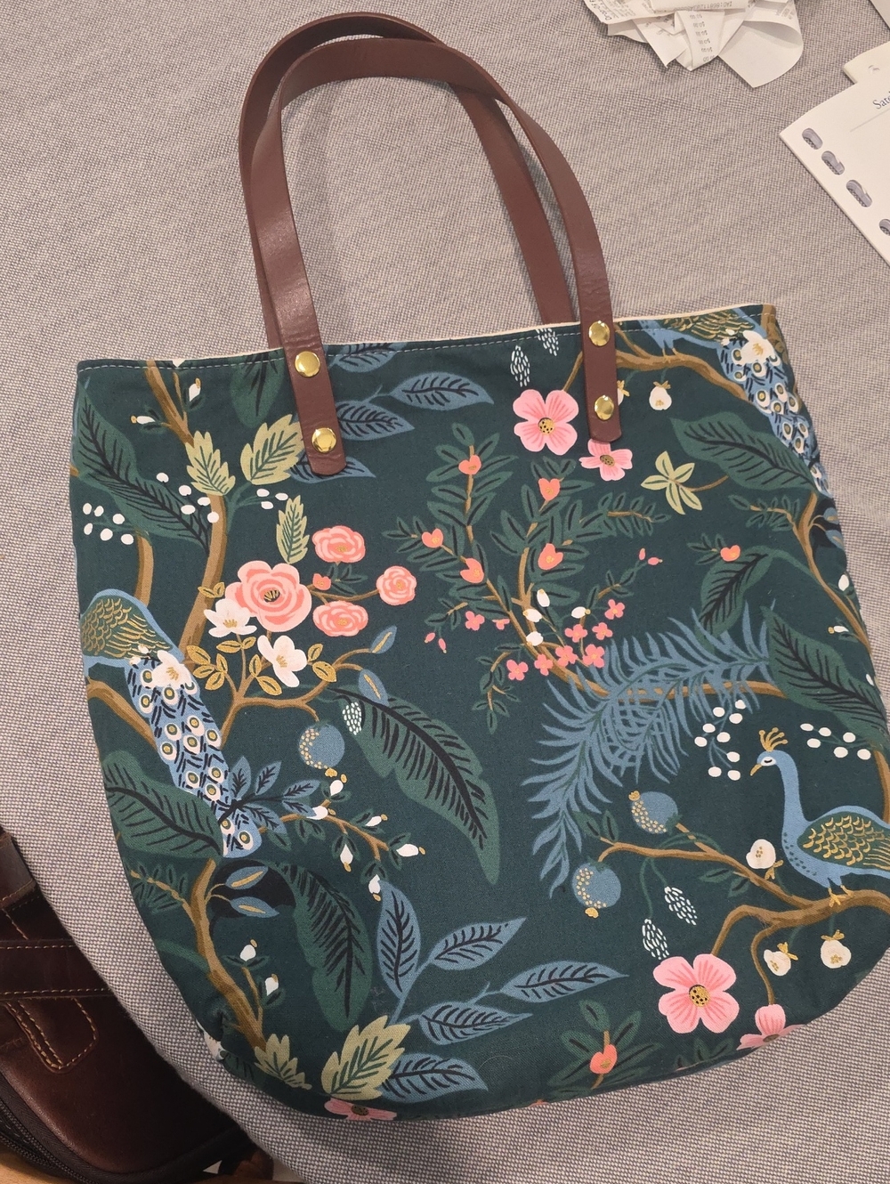 Handmade Rifle Paper Company Floral Green Canvas Tote Bag with Brown Handles